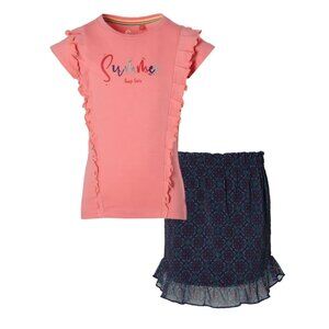 NWT - Quapi - Girls Pink Ruffle Top and Blue Skirt Set